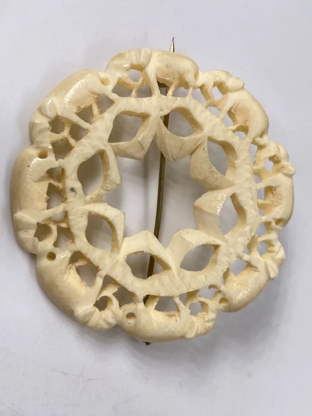 Cellulite Bovine Pin Brooch Carved Round Elephant Circular Trunk Tail OOAK